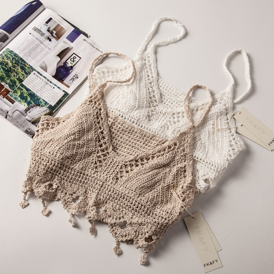 无胸垫款辣妹性感夏季海边度假编织背心镂空流苏小吊带背心