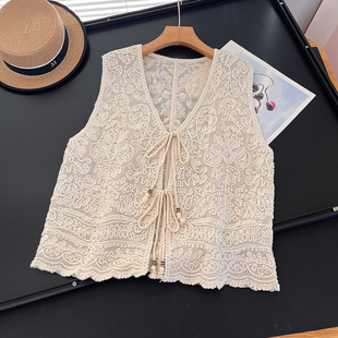 波西米亚风镂空蕾丝提花绑带V领马甲女春夏无袖叠穿背心气质马甲