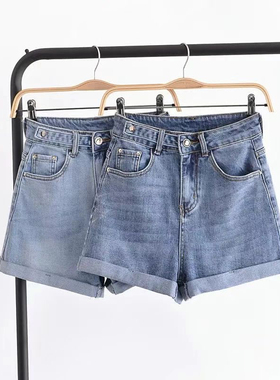 浅蓝色牛仔短裤女洗水磨白做旧卷边牛仔a字短裤高腰显瘦百搭热裤