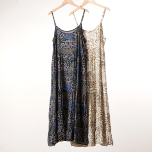 长裙 复古碎花肩带可调节无袖 波西米亚风吊带连衣裙夏季 宽松长款