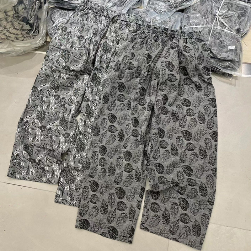 复古树叶印花阔腿休闲直筒裤长裤