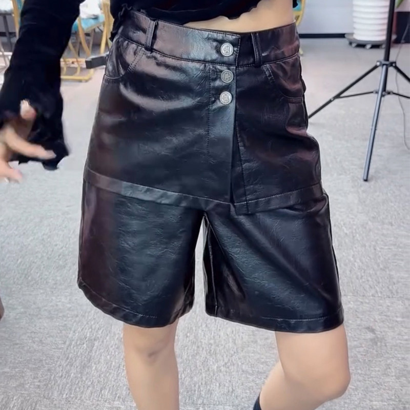 PU皮五分假两件高腰显瘦短裤女