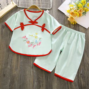 宝宝绵绸儿童薄款 短袖 两件套女童汉服睡衣套装 儿童盘扣空调服夏装