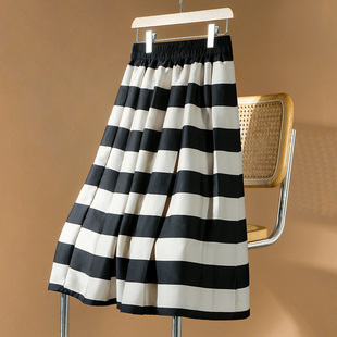 法式高级感半身群女显瘦黑白条纹撞色小个子a字百褶裙大码女装裙