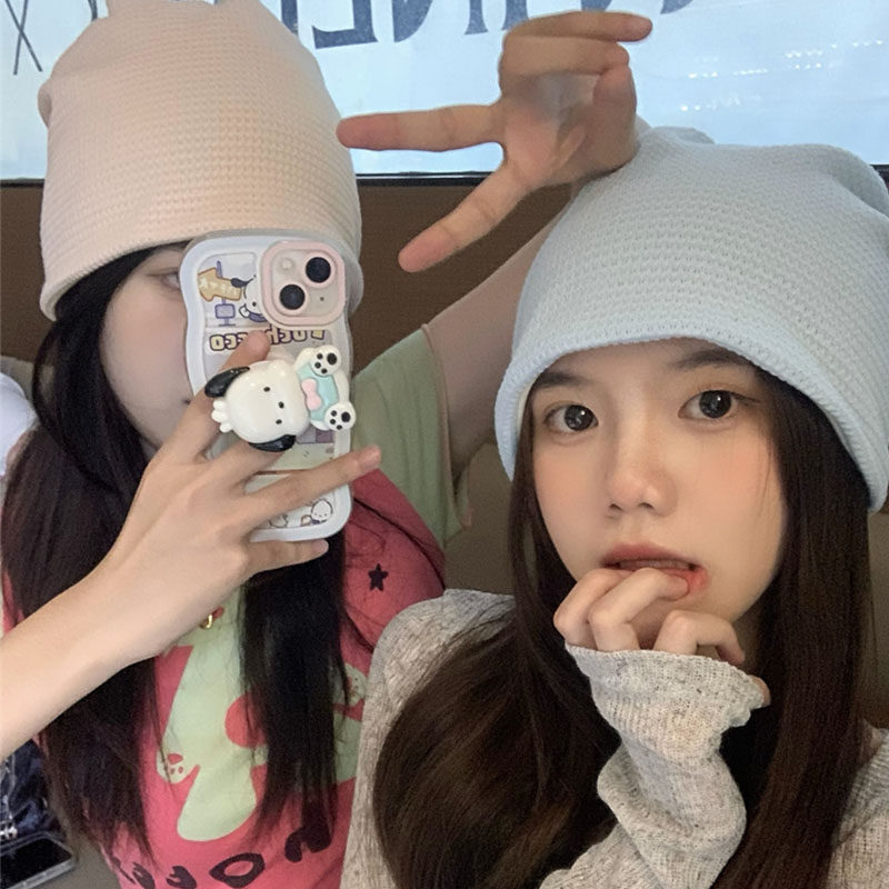 纯色堆堆帽女士秋冬季格子薄款冷帽保暖编织针织麻花无檐包头帽子