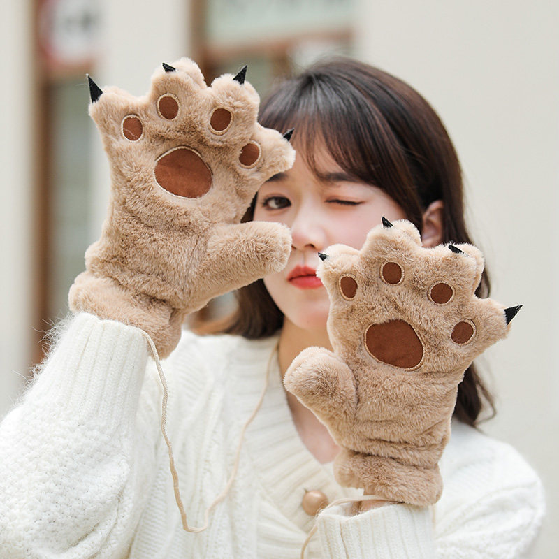 소녀를위한 고양이 발톱 곰 발 장갑 겨울 학생 겨울 ??봉제 두꺼운 전체 손가락 인터넷 연예인 귀여운 봉제 방한 및 따뜻한 어린이