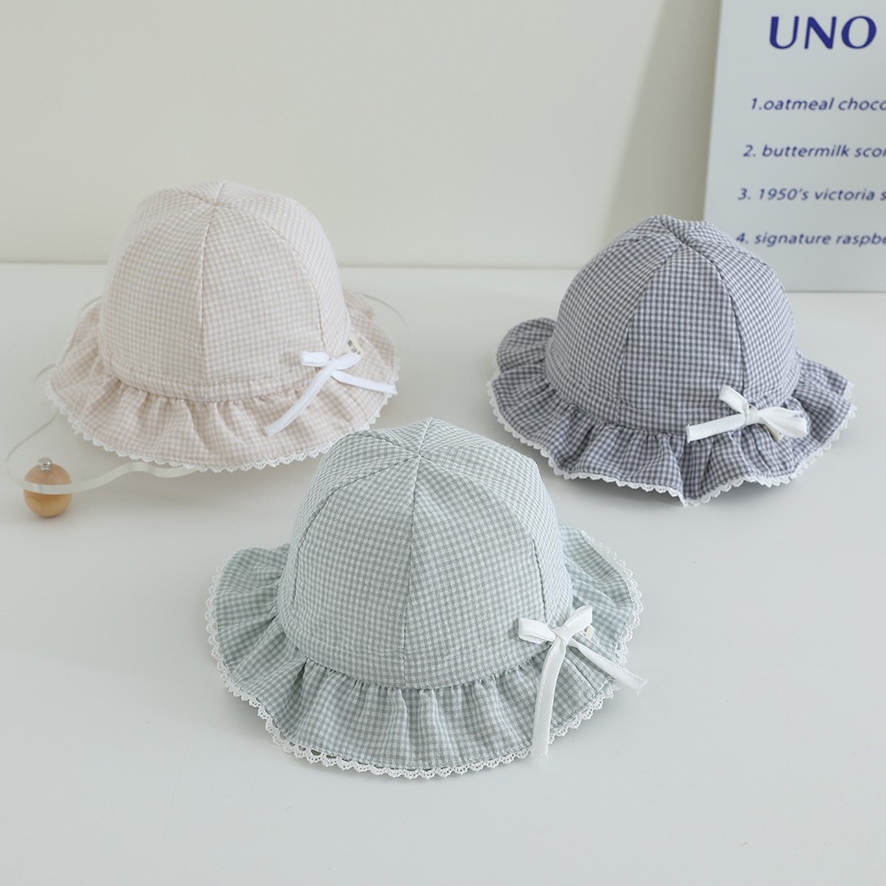 2025款春夏季婴儿童女宝宝纯棉盆帽格子可调节遮阳帽婴儿防晒帽子