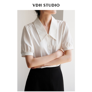 女夏法式 衬衣上衣 白色短袖 VDH 衬衫 v领职业面试正装 STUDIO 泡泡袖