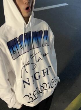 Aew 秋冬重磅印花刺绣420G宽松男女休闲美式街头白色情侣连帽卫衣