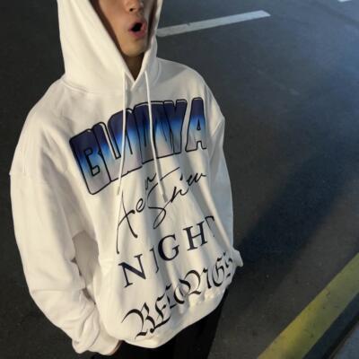 Aew 秋冬重磅印花刺绣420G宽松男女休闲美式街头白色情侣连帽卫衣