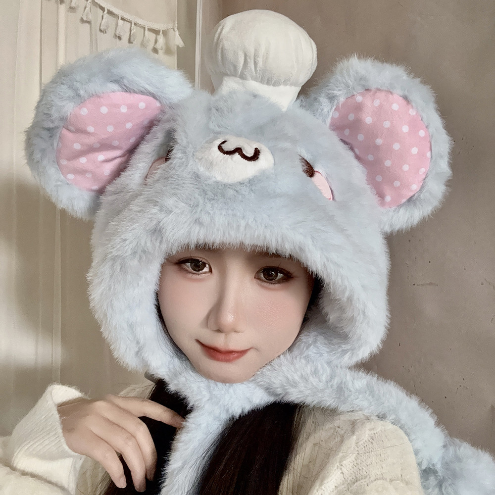 可爱厨师猫咪毛绒帽女学生儿童冬帽子