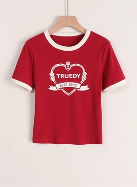 朵以2025夏季撞色减龄圆领短袖T恤百搭印花上衣39dx333036