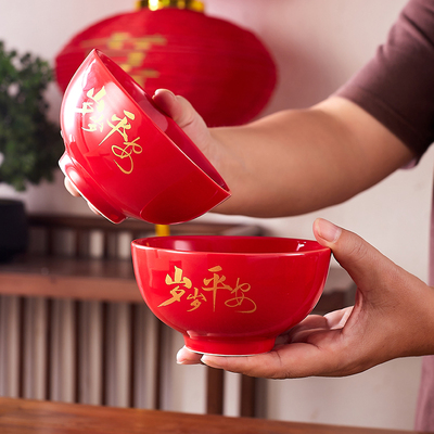 陶瓷红碗宝宝认干亲食福碗筷套装