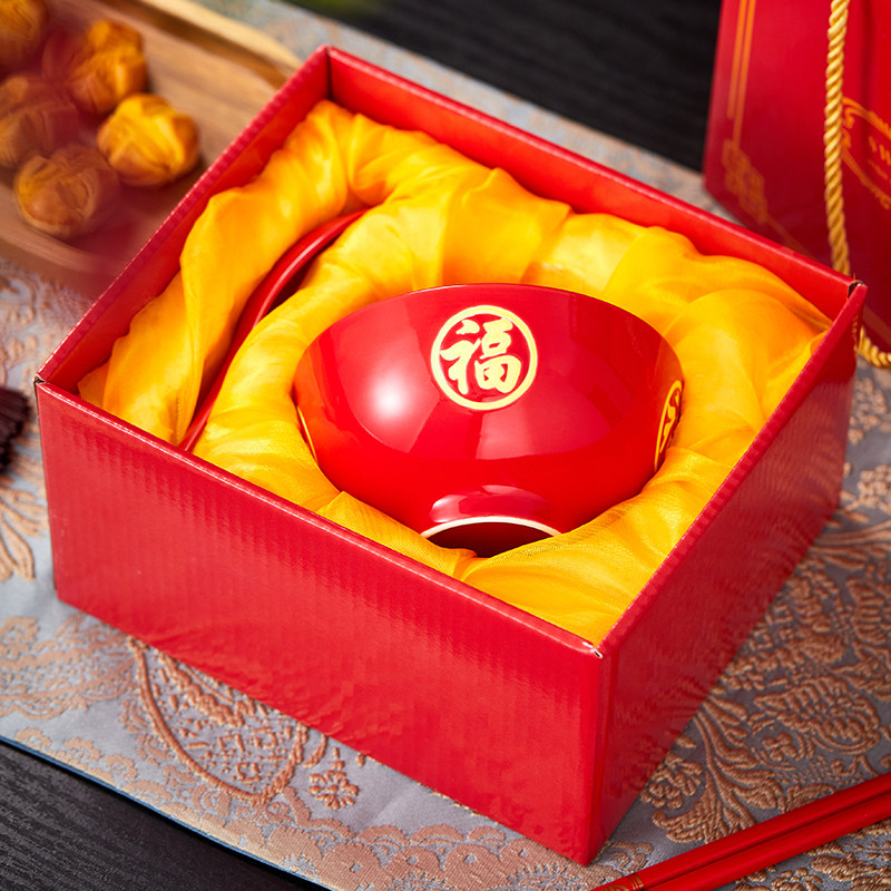 老人生日小孩食福认干亲陶瓷红碗