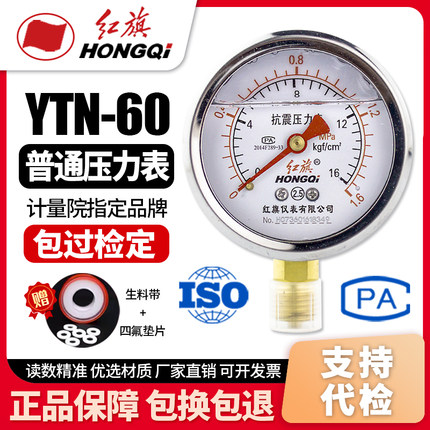 厂家直销 红旗牌仪表 耐震抗震压力表 YTN-60 0-1MPa充油压力表