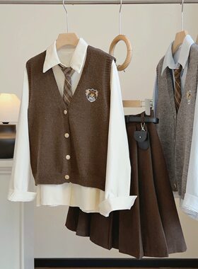 韩版学院风坎肩针织马甲叠穿长袖翻领衬衫女秋款上衣两件套配领带