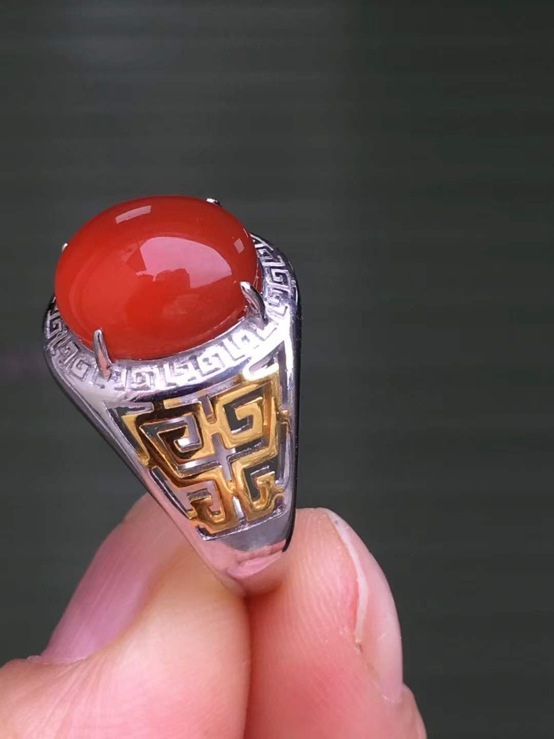 南红玛瑙原矿无胶无裂无烤色九口料柿子红戒指