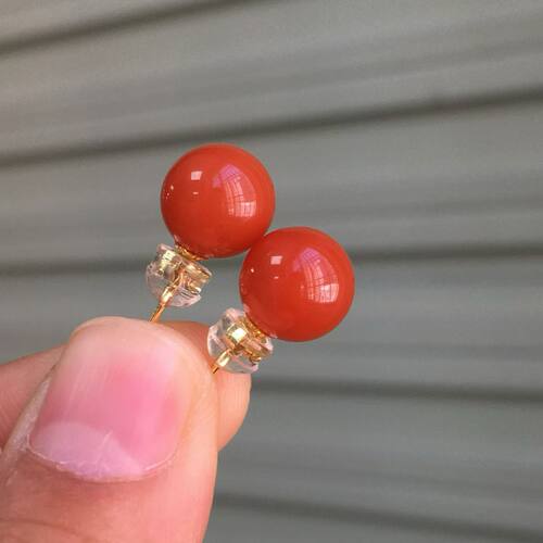 南红玛瑙耳钉K金女春夏红色耳饰高级感小巧精致樱桃红豆豆耳环