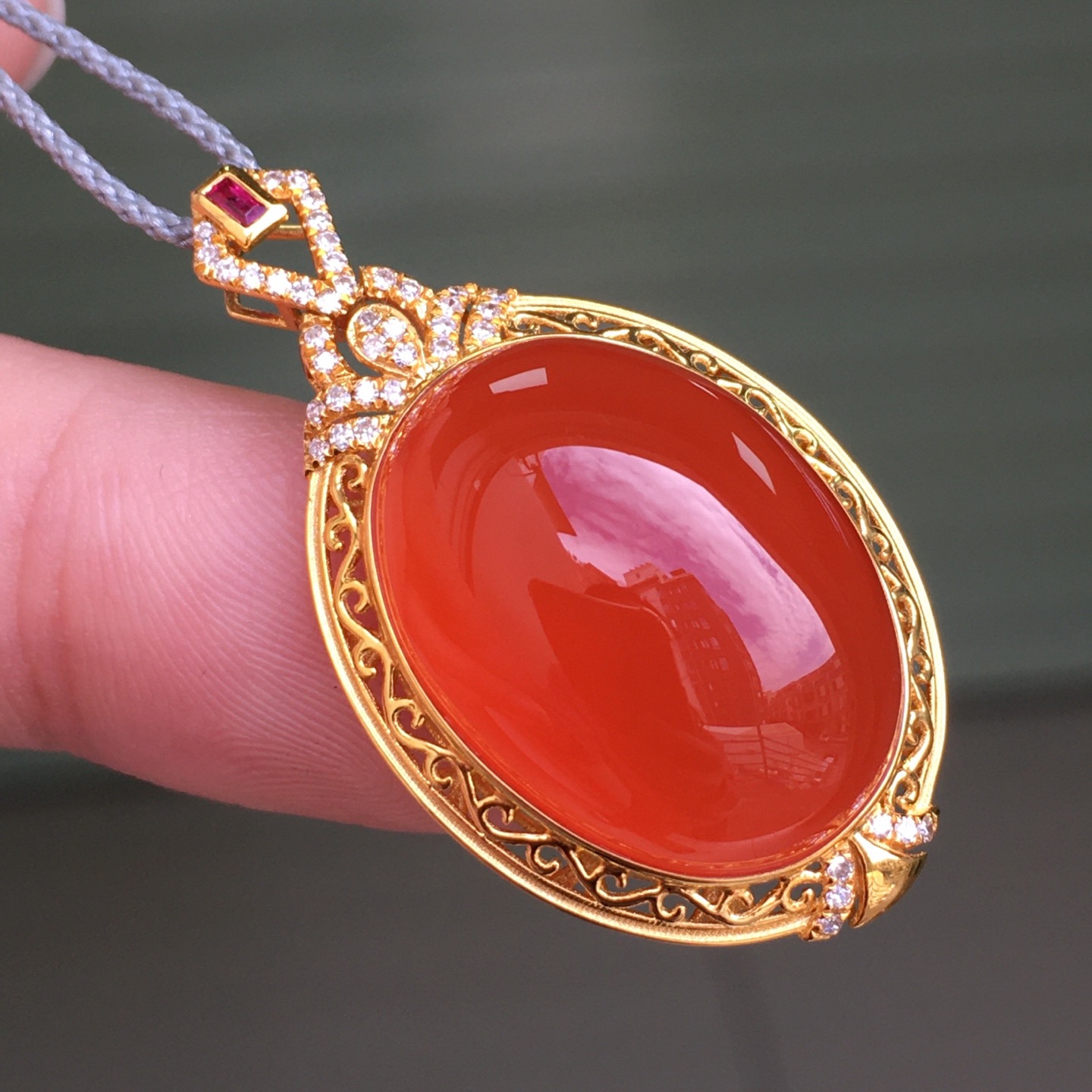 南红玛瑙吊坠柿子保山冰红镶嵌吊坠18 K金南红吊坠冰红