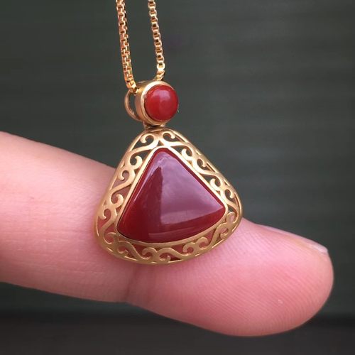南红玛瑙吊坠戒指套装18k金镶嵌吊坠戒指
