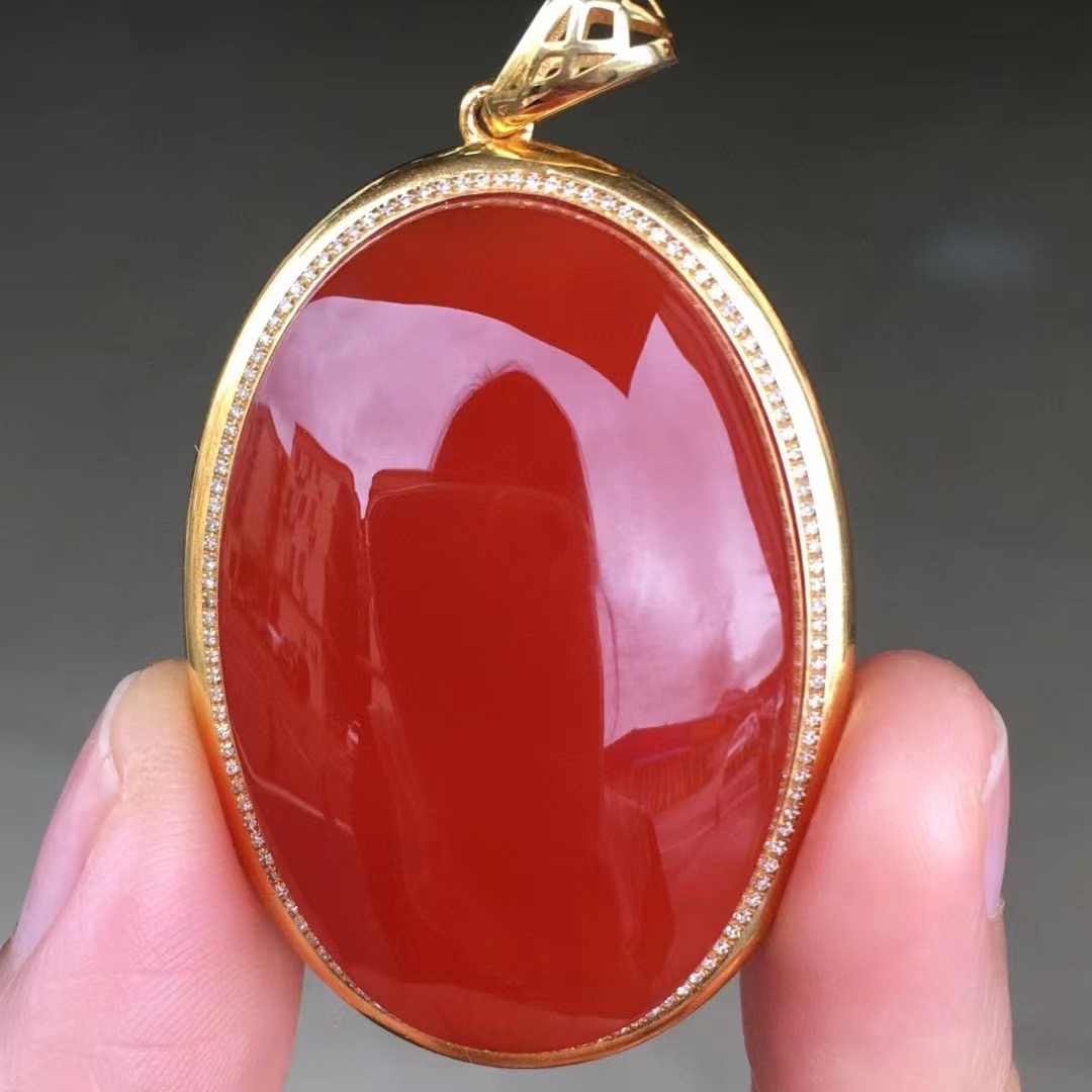 天然南红玛瑙保山冰红吊坠18k金镶嵌女款项链毛衣链