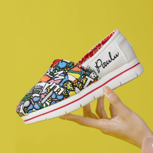 汤姆斯女鞋 女厚底涂鸦百搭松糕懒人鞋 夏季 一脚蹬帆布鞋 薄款 Tt&Mm