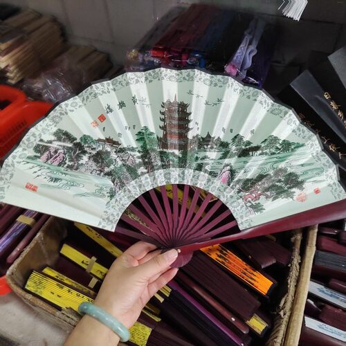 黄鹤楼扇子绢布面中国风折扇印花武汉特色古风国潮竹杆折叠扇