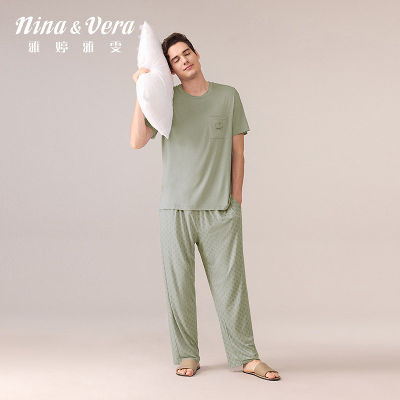 雅婷雅雯【天丝莱赛尔】25年新款男士睡衣夏季圆领短袖长裤家居服