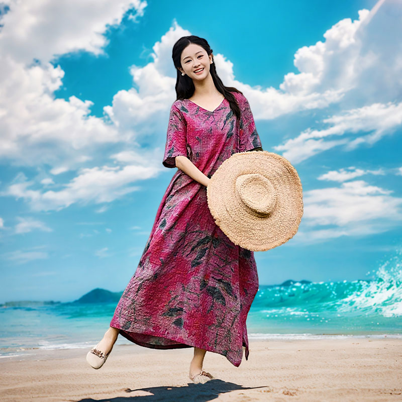 度假风连衣裙2025夏新款宽松大码显瘦V领微胖妈妈棉麻印花长裙女