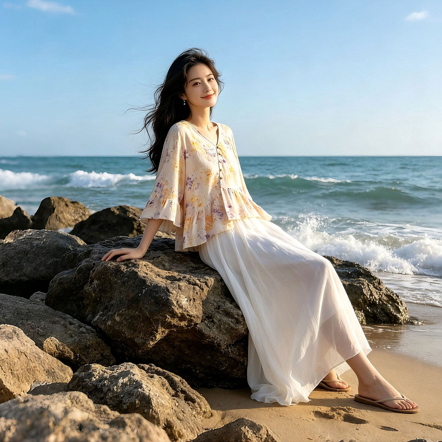 夏薄款V领斜襟棉麻碎花上衣