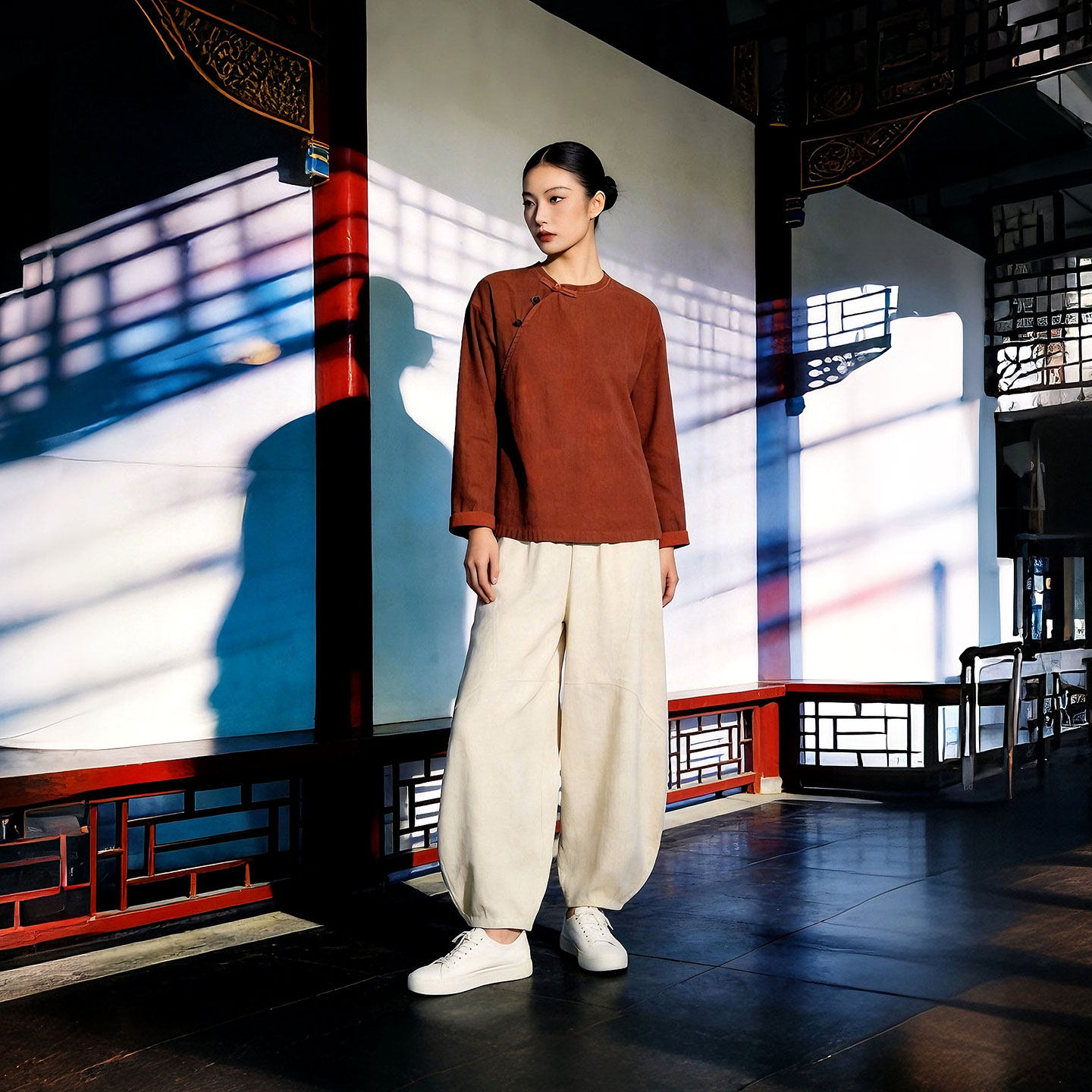 新中式上衣女中国风文艺复古盘扣国风宽松禅意风棉麻圆领长袖衬衫