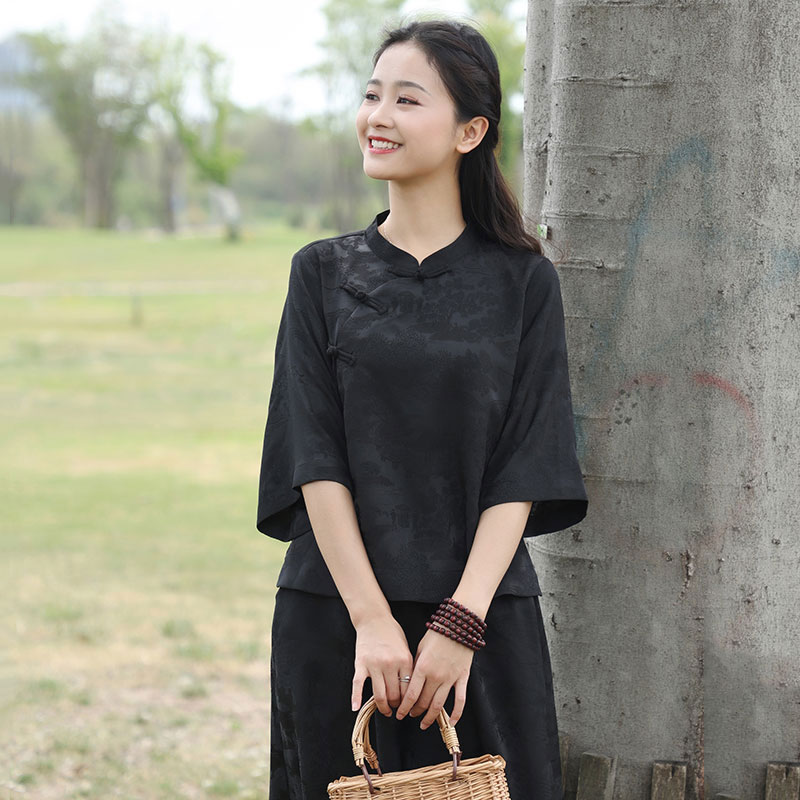 中国风上衣女2025夏新款复古盘扣立领斜襟中袖禅意新中式短款衬衫