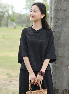 中国风上衣女2025夏新款复古盘扣立领斜襟中袖禅意新中式短款衬衫
