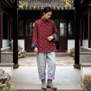 棉麻碎花棉袄冬新款中国风宽松大码复古立领斜襟盘扣加绒保暖上衣