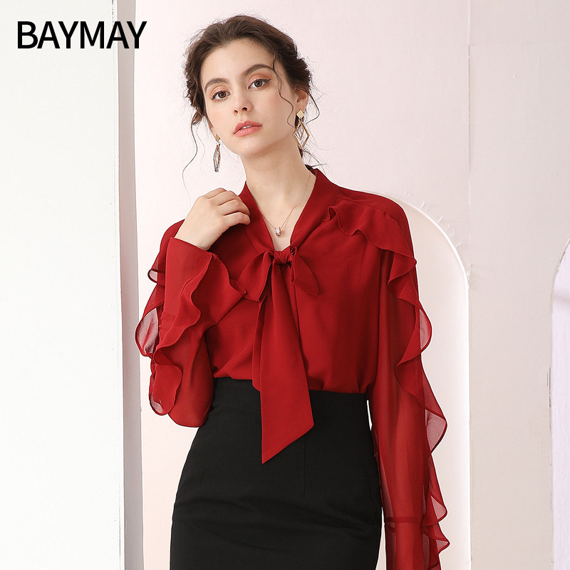 2020年早秋上衣女装新款雪纺衫长袖韩版时尚荷叶边显瘦蝴蝶结衬衫