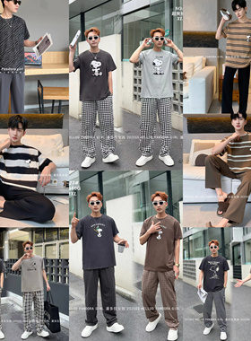 爱笑潘多拉女孩夏季男士大码短袖长裤针织纯棉短裤睡衣套装家居服