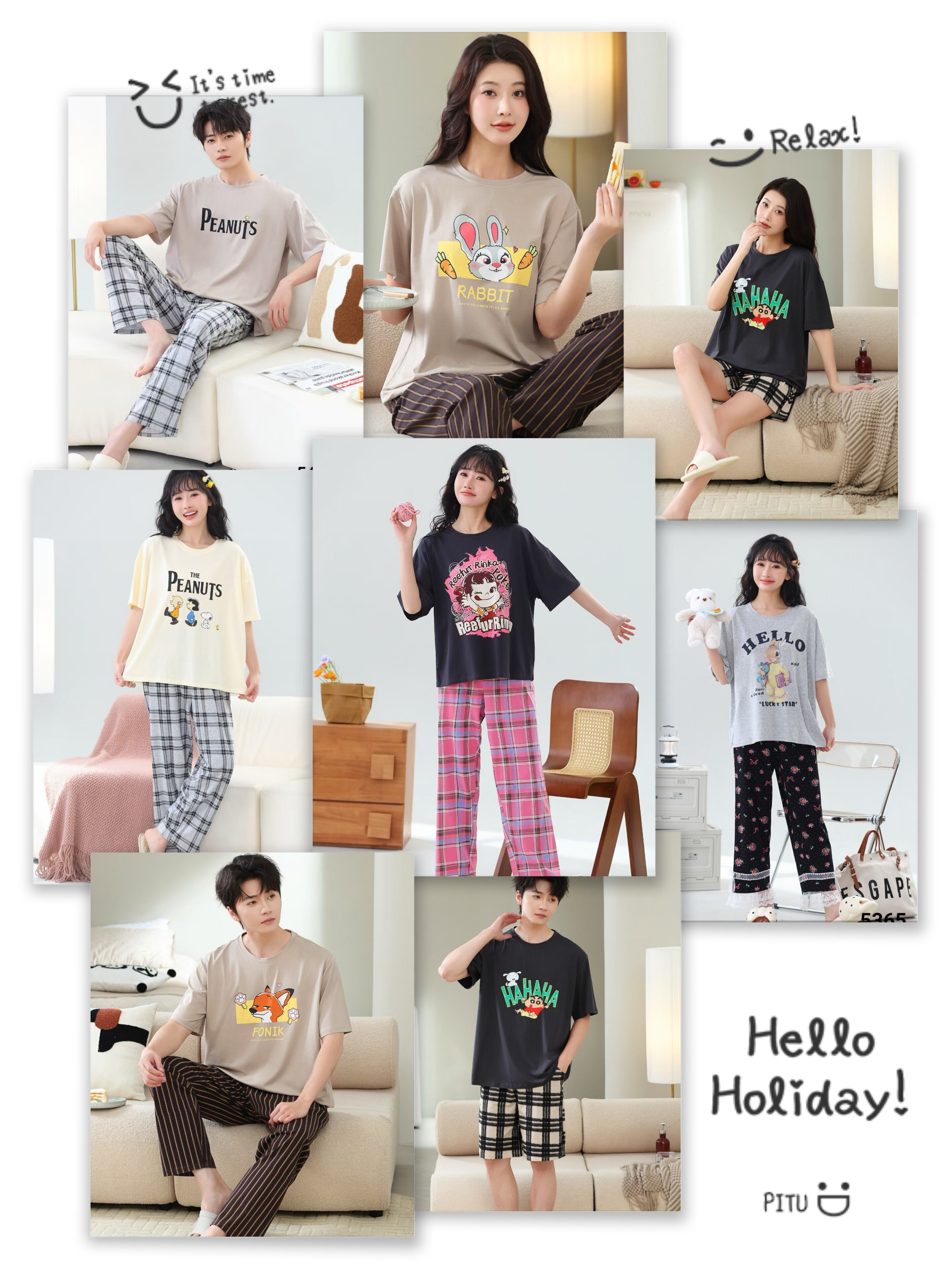 芊芬夏季新款特睡衣男女士情侣纯棉短袖套装卡通休闲家居服可外穿