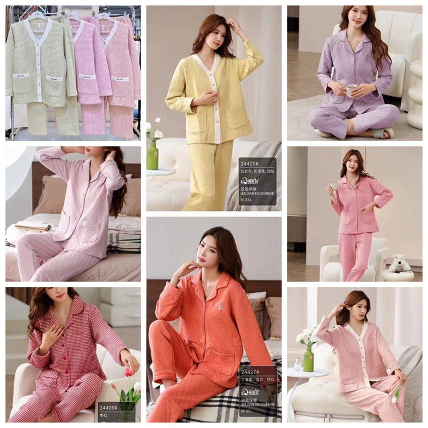 丽而倩2024冬季男女新款空气棉情侣夹层睡衣纯棉加厚薄夹棉家居服