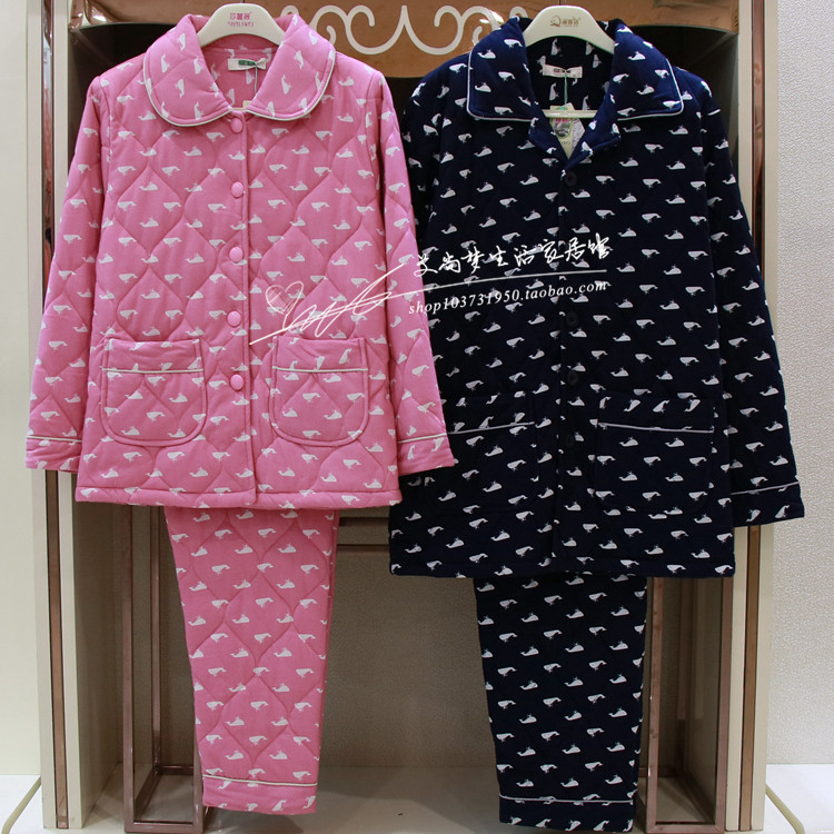莎丽薇2018秋冬季新款薄夹棉情侣睡衣纯棉中厚长袖男女套装家居服