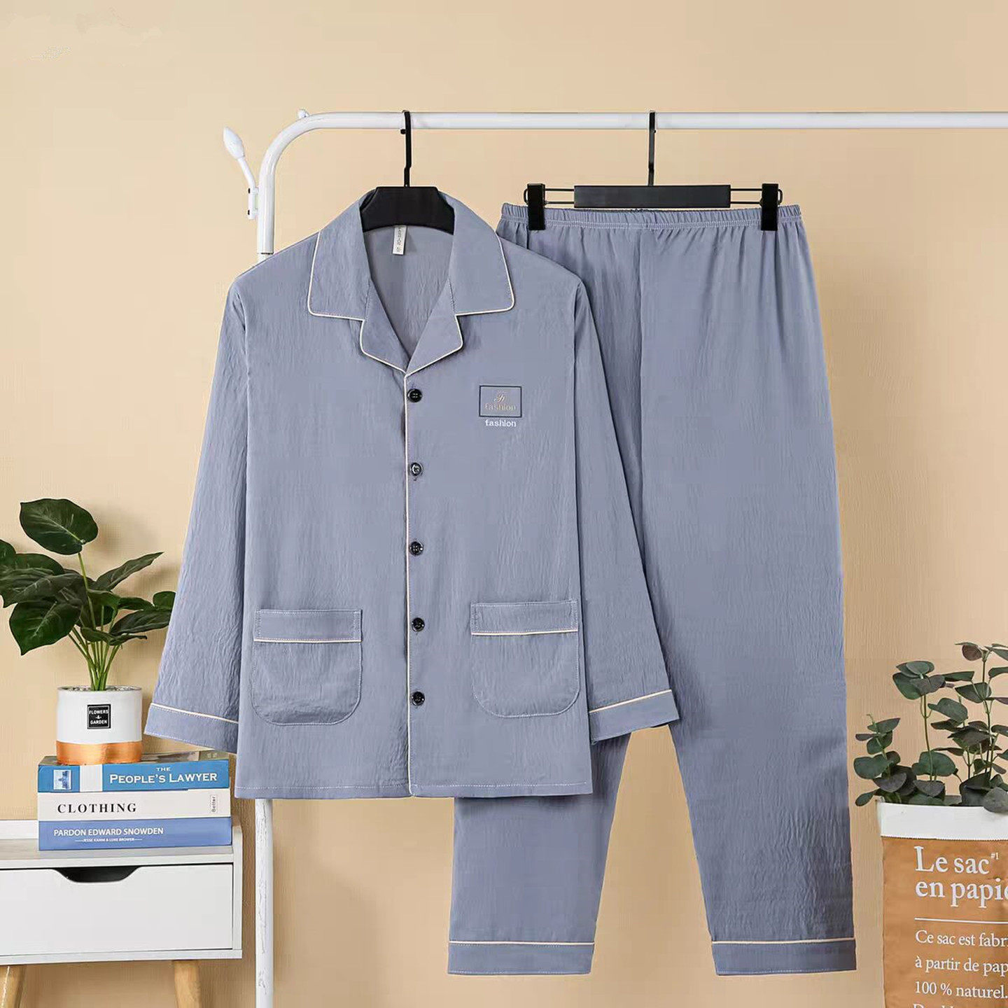 云朵棉睡衣男夏季长袖空调服绵绸中老年人男士春秋薄款加肥家居服