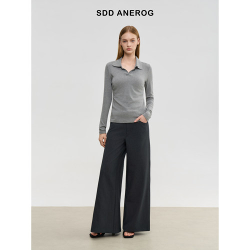 Sdd Anerog 秋季翻领VL领纯色POLO衫女简约百搭修身长袖上衣T恤女