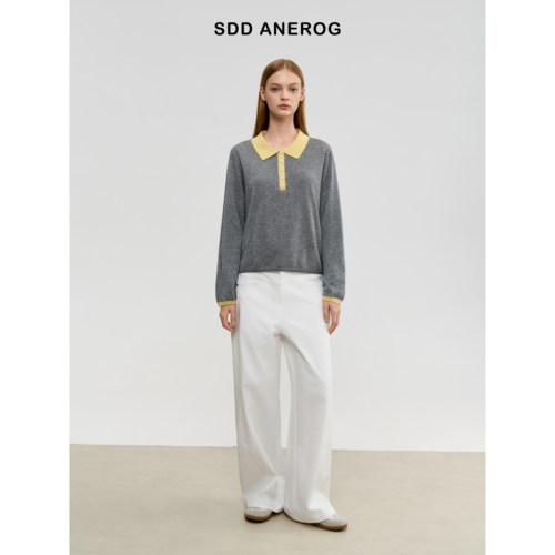 Sdd Anerog秋季翻领POLO针织衫休闲宽松百搭撞色羊毛毛衣上衣女