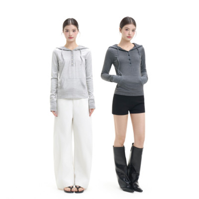 Sdd Anerog显瘦修身连帽针织帽衫休闲条纹打底长袖上衣女