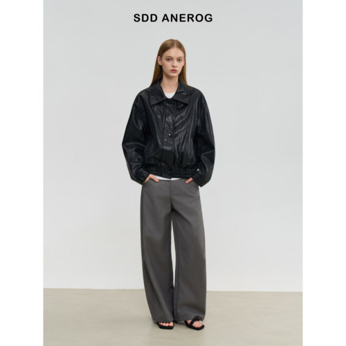 Sdd Anerog 秋季宽松pu皮翻领皮夹克外套老钱复古皮衣女外套