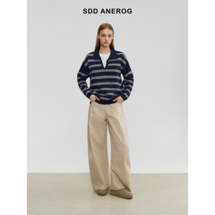 Sdd  Anerog秋冬V领翻领条纹宽松休闲老钱风套头针织衫毛衣上衣女
