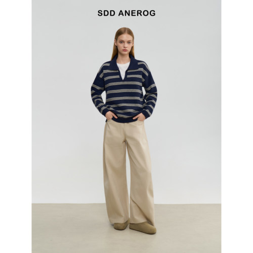 Sdd  Anerog秋冬V领翻领条纹宽松休闲老钱风套头针织衫毛衣上衣女