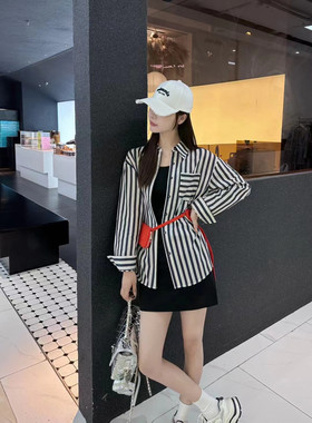 韩版宽松休闲条纹长袖衬衫套装女2024夏季新款设计感防晒上衣套装