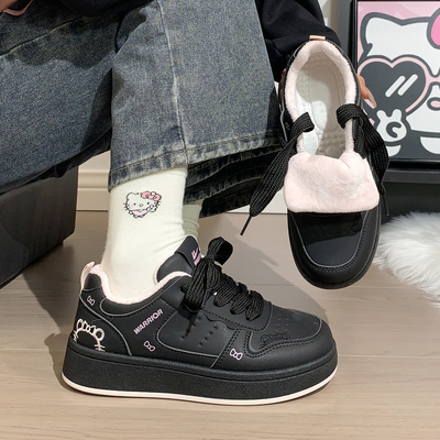 回力黑色加绒板鞋女款冬季厚底
