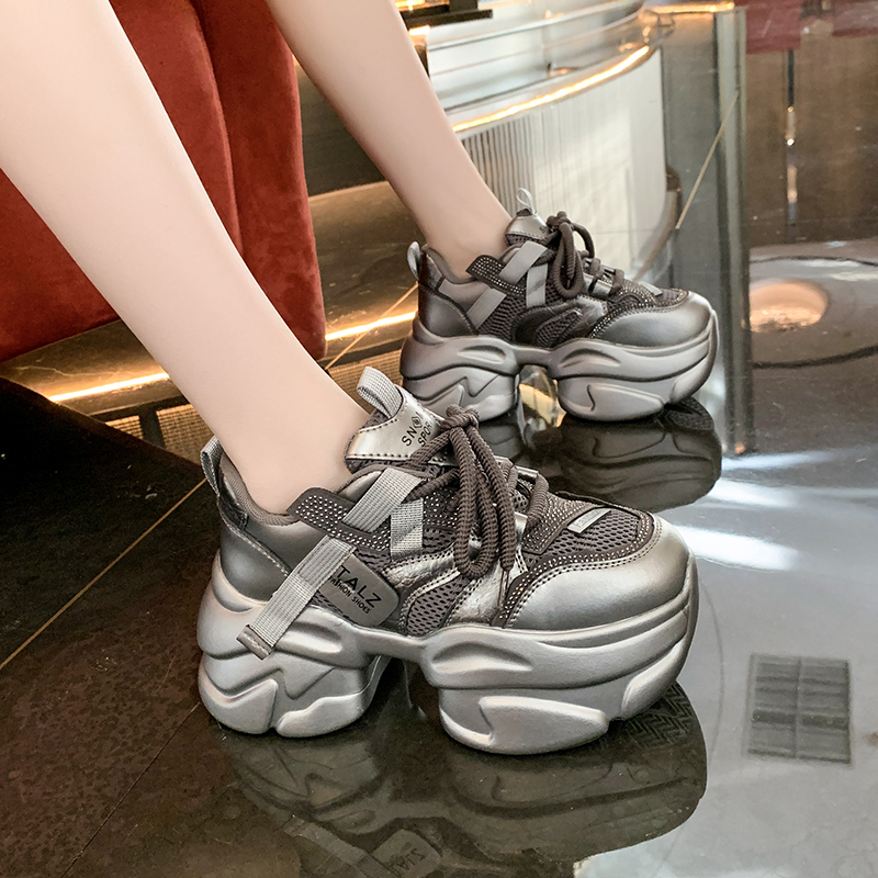 欧洲站8cm增高老爹鞋女枪色厚底