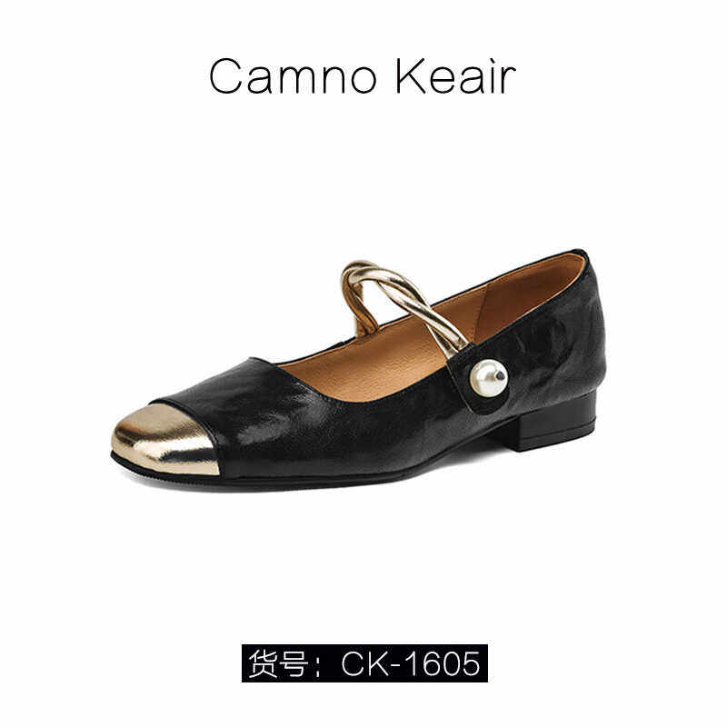 一字扣带真皮单鞋圆头法式复古风